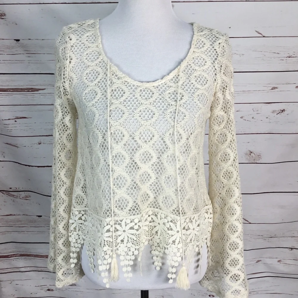 Crochet Boho Fringe‎ Top Ivory Size Small